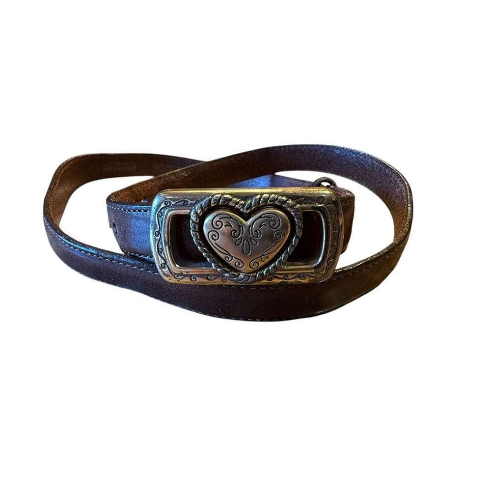 Brown Leather Narrow Belt Reversible Silver/Gold Heart Buckle Womens Medium